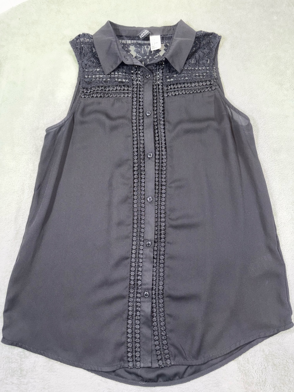 H&M Black Sleeveless Blouse Sheer Crochet Detailing - Size 8